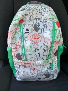 Lands End Kids Monster Doodle Print Backpack – White with Green Trim